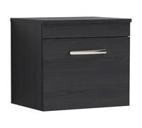 Nuie Athena Woodgrain Wall Hung Single Drawer Vanity Unit with Worktop | Charcoal Black | MDF | 500mm