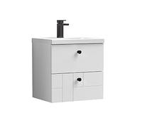 nuie BLO105A5 Blocks Modern Bathroom Furniture Bundle-Wall Hung 2 Soft Close Drawer Vanity Basin Unit & Indented Round Knob Handle, 500mm, Satin White/Matt Black