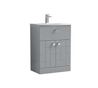 nuie BLO201G Blocks Modern Bathroom Floor Standing 2 Door 1 Drawer Vanity Unit with Curved Ceramic Basin with 30mm Profile, 600mm, Satin Grey