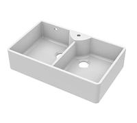 nuie BU131AS36D Fireclay Kitchen Double Bowl Butler Sink Stepped Weir with Overflow & Drilled Tap Ledge, 895mm x 550mm, White