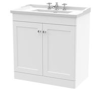 nuie CLC126G Classique Floor Standing 2 Door Vanity Unit & 3 Tap Hole Ceramic Basin, 800mm, Satin White