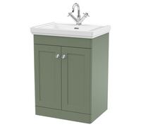 Nuie Classique 2 Door Vanity Unit and Classic Fireclay Basin with 1 Tap Hole | Satin Green | MDF | 600mm