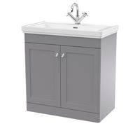 Nuie Classique 2 Door Vanity Unit and Classic Fireclay Basin with 1 Tap Hole | Satin Grey | MDF | 800mm