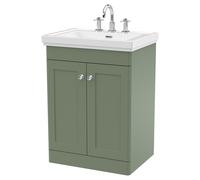 Nuie Classique 2 Door Vanity Unit and Classic Fireclay Basin with 3 Tap Holes | Satin Green | MDF | 600mm