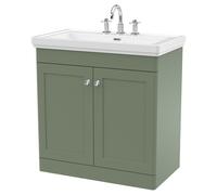 Nuie Classique 2 Door Vanity Unit and Classic Fireclay Basin with 3 Tap Holes | Satin Green | MDF | 800mm