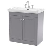 Nuie Classique 2 Door Vanity Unit and Classic Fireclay Basin with 3 Tap Holes | Satin Grey | MDF | 800mm