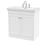 Nuie Classique 2 Door Vanity Unit and Classic Fireclay Basin with 3 Tap Holes | Satin White | MDF | 800mm