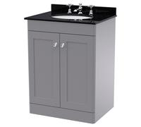 Nuie Classique 2 Door Vanity Unit with Black Marble Countertop and Round Basin with 3 Tap Holes | Satin Grey | MDF | 600mm