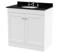 Nuie Classique 2 Door Vanity Unit with Black Marble Countertop and Round Basin with 3 Tap Holes | Satin White | MDF | 800mm