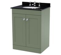 nuie CLC825BR3 Classique Floor Standing 2 Door Unit & 3 Tap Hole Marble Worktop with Round Basin, 600mm, Satin Green/Black