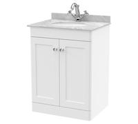 Nuie Classique 2 Door Vanity Unit with Grey Marble Countertop and Round Basin with 1 Tap Hole | Satin White | MFC | 600mm