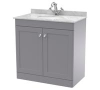 Nuie Classique 2 Door Vanity Unit with Grey Marble Countertop and Round Basin with 1 Tap Hole | Satin Grey | MDF | 800mm