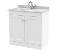 Nuie Classique 2 Door Vanity Unit with Grey Marble Countertop and Round Basin with 1 Tap Hole | Satin White | MDF | 800mm