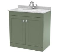 Nuie Classique 2 Door Vanity Unit with Grey Marble Countertop and Round Basin with 1 Tap Hole | Satin Green | MDF | 800mm