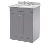 Nuie Classique 2 Door Vanity Unit with Grey Marble Countertop and Round Basin with 3 Tap Holes | Satin Grey | MDF | 600mm