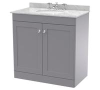Nuie Classique 2 Door Vanity Unit with Grey Marble Countertop and Round Basin with 3 Tap Holes | Satin Grey | MDF | 800mm