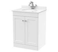 Nuie Classique 2 Door Vanity Unit with White Marble Countertop and Round Basin with 1 Tap Hole | Satin White | MFC | 600mm
