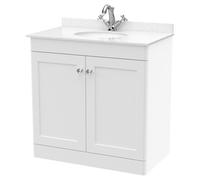 Nuie Classique 2 Door Vanity Unit with White Marble Countertop and Round Basin with 1 Tap Hole | Satin White | MDF | 800mm