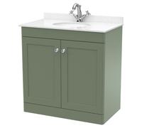 Nuie Classique 2 Door Vanity Unit with White Marble Countertop and Round Basin with 1 Tap Hole | Satin Green | MFC | 800mm