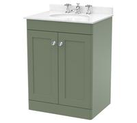 Nuie Classique 2 Door Vanity Unit with White Marble Countertop and Round Basin with 3 Tap Holes | Satin Green | MDF | 600mm
