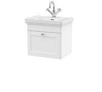 Nuie Classique 500mm Wall Hung 1 Drawer Vanity Unit With 3 Tap Hole Basin & Chrome Handle-Satin White