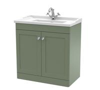 Nuie Classique Floor Standing 2 Door Unit & 1 Tap Hole Fireclay Basin, 800mm-Satin Green