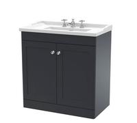 Nuie Classique Floor Standing 2 Door Unit & 3 Tap Hole Fireclay Basin, Sink Vanity Unit In Soft Black With White Basin