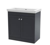 Nuie Classique Floor Standing 2 Door Unit Without Tap Hole Fireclay Basin, Sink Vanity Unit In Soft Black With White Basin