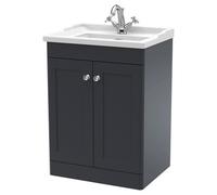 Nuie Classique Satin 2 Door Vanity Unit and 35mm Profile Traditional Basin | Soft Black | MDF | 600mm