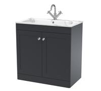 Nuie Classique Satin 2 Door Vanity Unit and Carrera Marble Stone Basin | Soft Black | MDF | 800mm