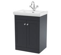 Nuie Classique Satin 2 Door Vanity Unit and Classic Fireclay Basin with 1 Tap Hole | Soft Black | MDF | 600mm