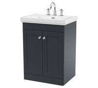 Nuie Classique Satin 2 Door Vanity Unit and Classic Fireclay Basin with 3 Tap Holes | Soft Black | MDF | 600mm