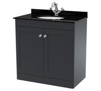Nuie Classique Satin 2 Door Vanity Unit with Black Marble Countertop and Round Basin with 1 Tap Hole | Soft Black | MDF | 800mm