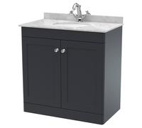 Nuie Classique Satin 2 Door Vanity Unit with Grey Marble Countertop and Round Basin with 1 Tap Hole | Soft Black | MDF | 800mm