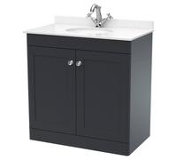 Nuie Classique Satin 2 Door Vanity Unit with White Marble Countertop and Round Basin with 1 Tap Hole | Soft Black | MDF | 800mm