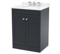 Nuie Classique Satin 2 Door Vanity Unit with White Marble Countertop and Round Basin with 3 Tap Holes | Soft Black | MDF | 600mm