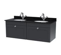 Nuie Classique Satin Wall Hung 2 Drawer Vanity Unit with Black Marble Countertop and 2 Round Basins with 2 Tap Holes | Soft Black | MDF | 1200mm
