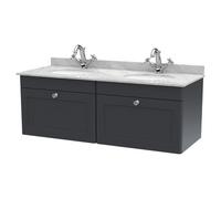 Nuie Classique Satin Wall Hung 2 Drawer Vanity Unit with Grey Marble Countertop and 2 Round Basins with 2 Tap Holes | Soft Black | MDF | 1200mm