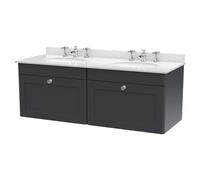 Nuie Classique 2 Drawer Wall Hung Vanity Unit and White Marble Top with 2 Round Basins and 6 Tap Holes | Soft Black | 1200mm