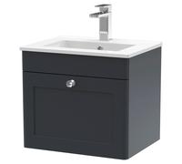 Nuie Classique Satin Wall Hung Single Drawer Vanity Unit and 18mm Profile Basin | Soft Black | MDF | 500mm