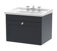 Nuie Classique Satin Wall Hung Single Drawer Vanity Unit and 35mm Profile Basin | Soft Black | MDF | 600mm