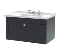 Nuie Classique Satin Wall Hung Single Drawer Vanity Unit and 35mm Profile Basin | Soft Black | MDF | 800mm