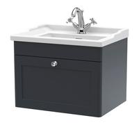 Nuie Classique Satin Wall Hung Single Drawer Vanity Unit and 35mm Profile Traditional Basin | Soft Black | MDF | 600mm