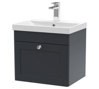 Nuie Classique Satin Wall Hung Single Drawer Vanity Unit and 50mm Profile Basin | Soft Black | MDF | 500mm