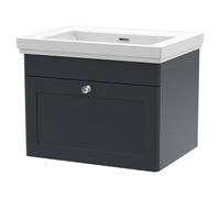 Nuie Classique Satin Wall Hung Single Drawer Vanity Unit and 66mm Profile Basin | Soft Black | MDF | 600mm