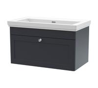 Nuie Classique Satin Wall Hung Single Drawer Vanity Unit and 66mm Profile Basin | Soft Black | MDF | 800mm