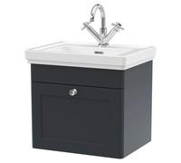 Nuie Classique Satin Wall Hung Single Drawer Vanity Unit and Classic Fireclay Basin with 1 Tap Hole | Soft Black | MDF | 500mm