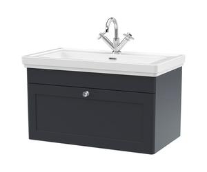 Nuie Classique Satin Wall Hung Single Drawer Vanity Unit and Classic Fireclay Basin with 1 Tap Hole | Soft Black | MDF | 800mm