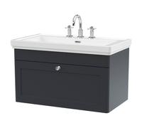 Nuie Classique Satin Wall Hung Single Drawer Vanity Unit and Classic Fireclay Basin with 3 Tap Holes | Soft Black | MDF | 800mm