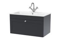 Nuie Classique Satin Wall Hung Single Drawer Vanity Unit and White Stone Basin | Soft Black | MDF | 800mm